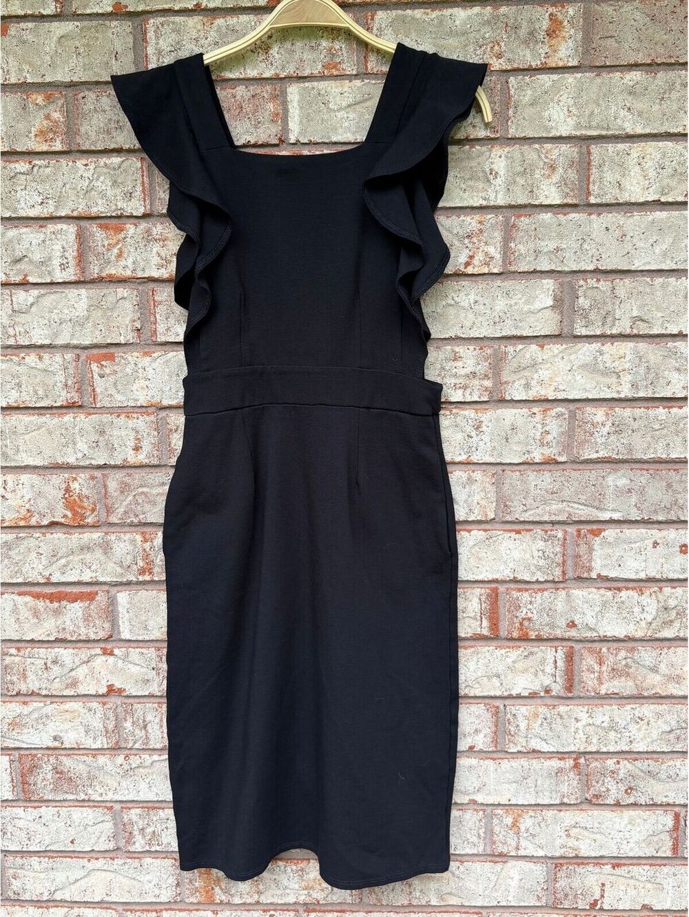 #84 Brigitte Brianna Black Flutter Sleeve Sheath Dress Formal Size S